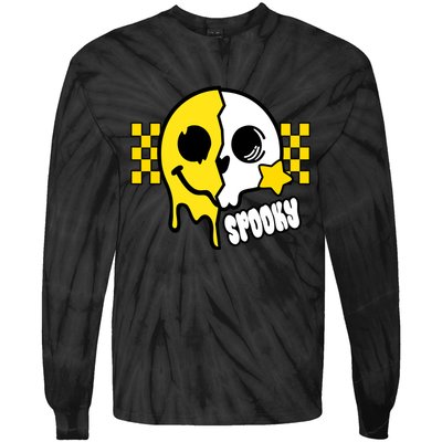 Spooky Retro Smile Skeleton Halloween Tie-Dye Long Sleeve Shirt