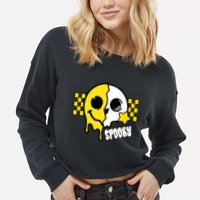 Spooky Retro Smile Skeleton Halloween Cropped Pullover Crew