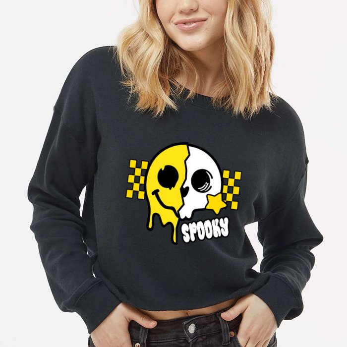 Spooky Retro Smile Skeleton Halloween Cropped Pullover Crew