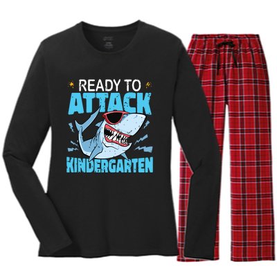 Shark Ready To Attack Kindergarten First Day Of School Women's Long Sleeve Flannel Pajama Set 