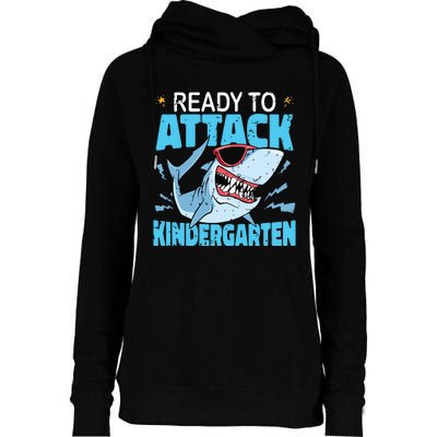 Shark Ready To Attack Kindergarten First Day Of School Womens Funnel Neck Pullover Hood