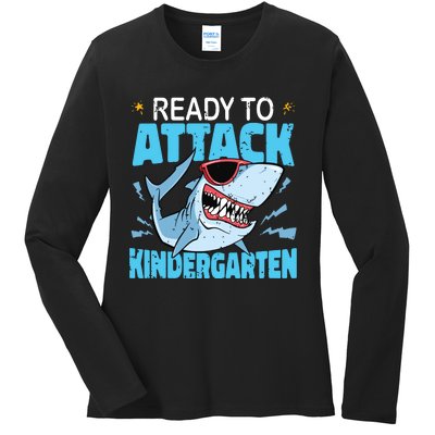 Shark Ready To Attack Kindergarten First Day Of School Ladies Long Sleeve Shirt