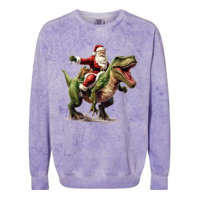 Santa Riding Trex Christmas Trex Funny Christmas Trex Gift Colorblast Crewneck Sweatshirt