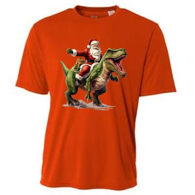 Santa Riding Trex Christmas Trex Funny Christmas Trex Gift Cooling Performance Crew T-Shirt