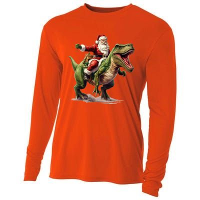 Santa Riding Trex Christmas Trex Funny Christmas Trex Gift Cooling Performance Long Sleeve Crew