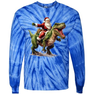 Santa Riding Trex Christmas Trex Funny Christmas Trex Gift Tie-Dye Long Sleeve Shirt