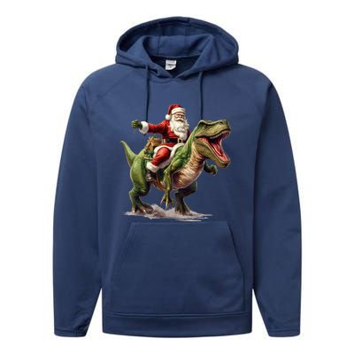 Santa Riding Trex Christmas Trex Funny Christmas Trex Gift Performance Fleece Hoodie