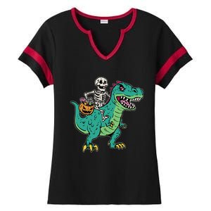 Skeleton Riding TRex Funny Halloween Gift Ladies Halftime Notch Neck Tee