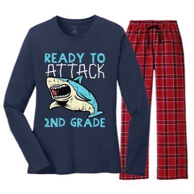 Shark Ready To Attack 2nd Grade Second First Day Of School Women's Long Sleeve Flannel Pajama Set 