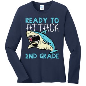 Shark Ready To Attack 2nd Grade Second First Day Of School Ladies Long Sleeve Shirt