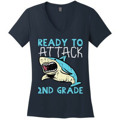 Shark Ready To Attack 2nd Grade Second First Day Of School Women's V-Neck T-Shirt