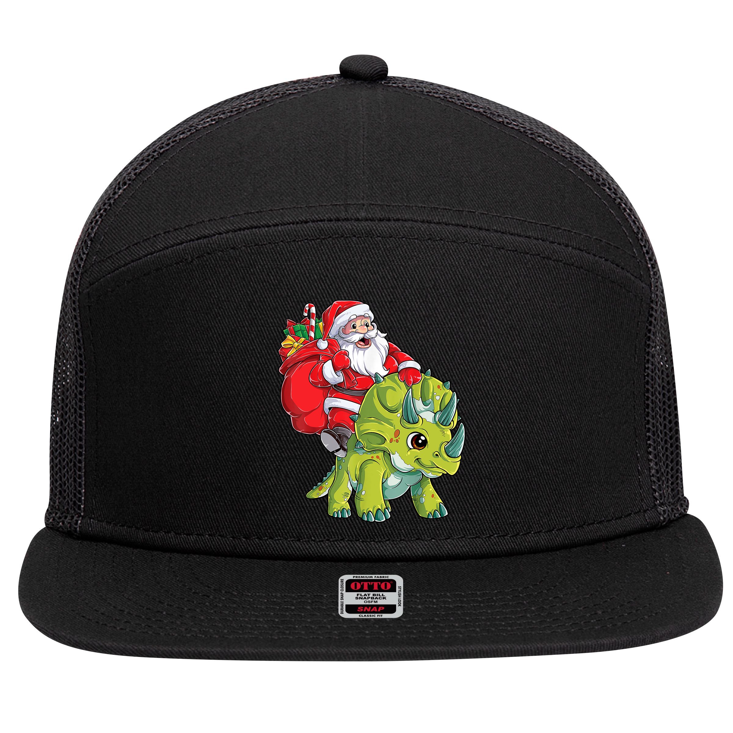 Santa Riding Triceratops Dinosaur Christmas Boys Xmas Squad 7 Panel Mesh Trucker Snapback Hat