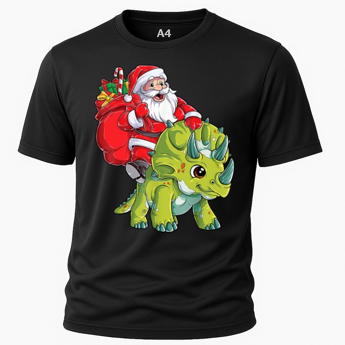 Santa Riding Triceratops Dinosaur Christmas Boys Xmas Squad Cooling Performance Crew T-Shirt