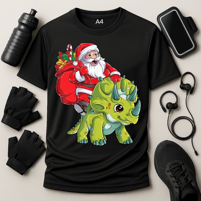 Santa Riding Triceratops Dinosaur Christmas Boys Xmas Squad Cooling Performance Crew T-Shirt
