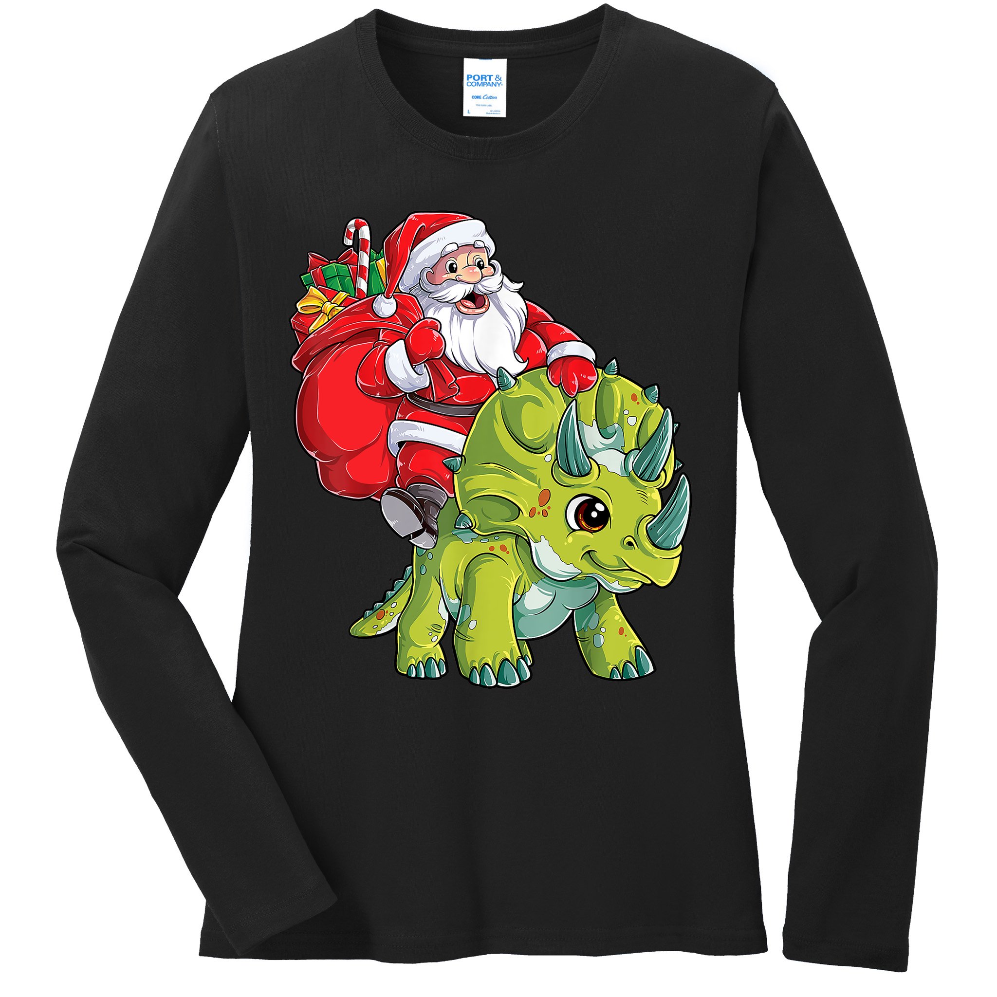 Santa Riding Triceratops Dinosaur Christmas Boys Xmas Squad Ladies Long Sleeve Shirt