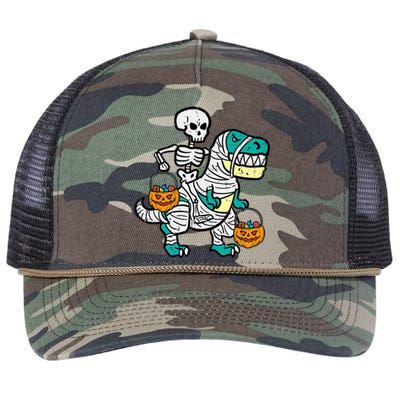 Skeleton Riding Trex Dino Halloween Boy Retro Rope Trucker Hat Cap