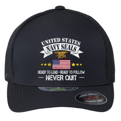 Seals Ready To Lead Ready To Follow Never Quit Na Vy Veteran Flexfit Unipanel Trucker Cap
