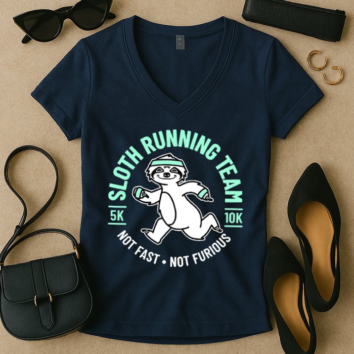 Sloth Running Team Not Fast Not Furious Women's V-Neck T-Shirt