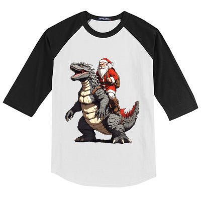 Santa Riding The Japanese Monster Kaiju For Christmas Kids Colorblock Raglan Jersey