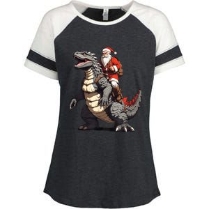 Santa Riding The Japanese Monster Kaiju For Christmas Enza Ladies Jersey Colorblock Tee