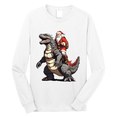 Santa Riding The Japanese Monster Kaiju For Christmas Long Sleeve Shirt