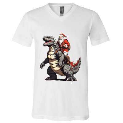Santa Riding The Japanese Monster Kaiju For Christmas V-Neck T-Shirt