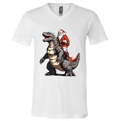 Santa Riding The Japanese Monster Kaiju For Christmas V-Neck T-Shirt