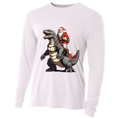 Santa Riding The Japanese Monster Kaiju For Christmas Cooling Performance Long Sleeve Crew