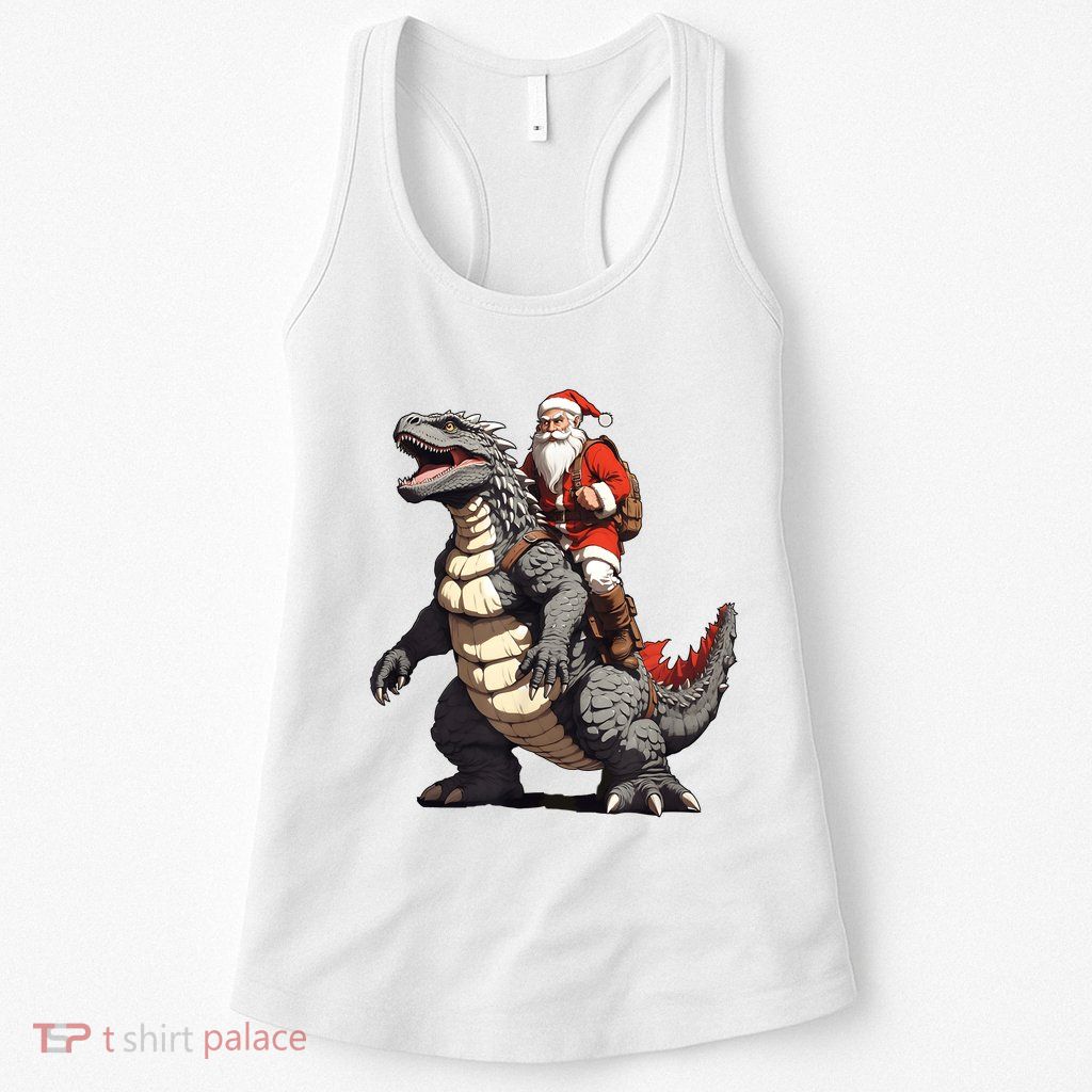 Santa Riding The Japanese Monster Kaiju For Christmas Womens Tank Top