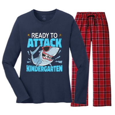 Shark Ready To Attack Kindergarten First Day Of School Women's Long Sleeve Flannel Pajama Set 