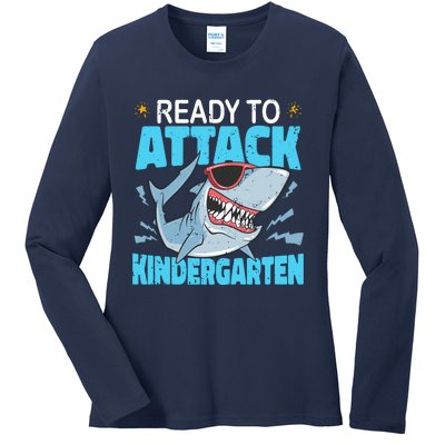 Shark Ready To Attack Kindergarten First Day Of School Ladies Long Sleeve Shirt