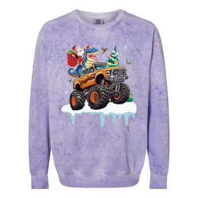 Santa Riding T Rex Dinosaur Monster Truck Christmas Funny Gift Colorblast Crewneck Sweatshirt