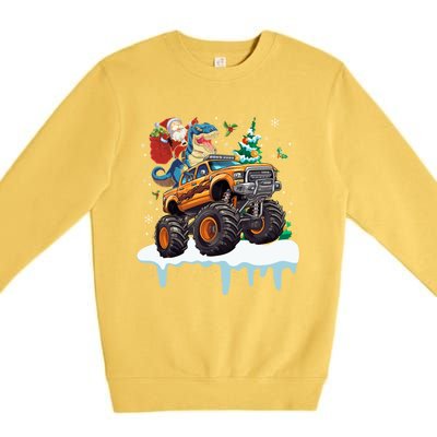 Santa Riding T Rex Dinosaur Monster Truck Christmas Funny Gift Premium Crewneck Sweatshirt