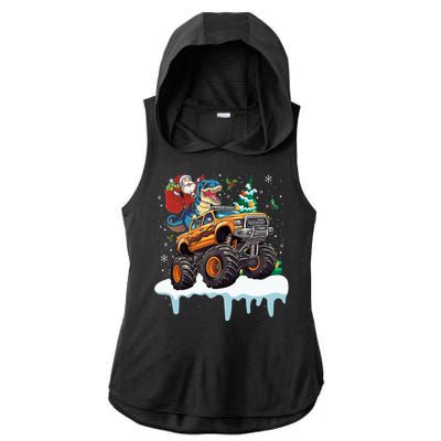 Santa Riding T Rex Dinosaur Monster Truck Christmas Funny Gift Ladies PosiCharge Tri-Blend Wicking Draft Hoodie Tank