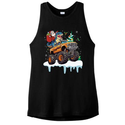 Santa Riding T Rex Dinosaur Monster Truck Christmas Funny Gift Ladies PosiCharge Tri-Blend Wicking Tank