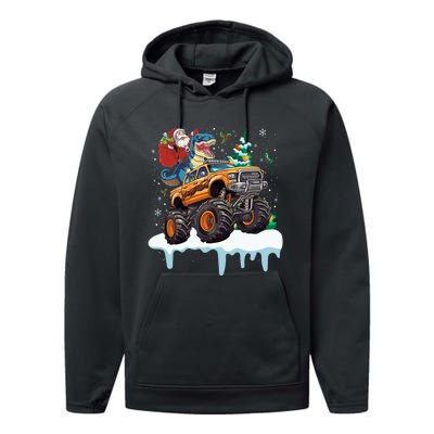 Santa Riding T Rex Dinosaur Monster Truck Christmas Funny Gift Performance Fleece Hoodie