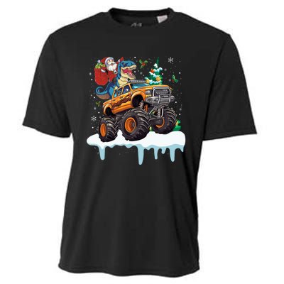 Santa Riding T Rex Dinosaur Monster Truck Christmas Funny Gift Cooling Performance Crew T-Shirt