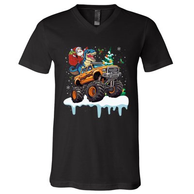 Santa Riding T Rex Dinosaur Monster Truck Christmas Funny Gift V-Neck T-Shirt