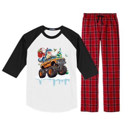 Santa Riding T Rex Dinosaur Monster Truck Christmas Funny Gift Raglan Sleeve Pajama Set