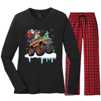 Santa Riding T Rex Dinosaur Monster Truck Christmas Funny Gift Women's Long Sleeve Flannel Pajama Set 