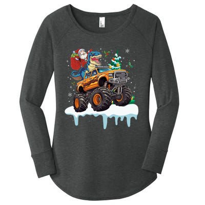 Santa Riding T Rex Dinosaur Monster Truck Christmas Funny Gift Women's Perfect Tri Tunic Long Sleeve Shirt