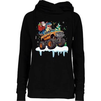 Santa Riding T Rex Dinosaur Monster Truck Christmas Funny Gift Womens Funnel Neck Pullover Hood