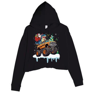 Santa Riding T Rex Dinosaur Monster Truck Christmas Funny Gift Crop Fleece Hoodie