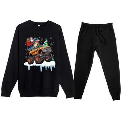 Santa Riding T Rex Dinosaur Monster Truck Christmas Funny Gift Premium Crewneck Sweatsuit Set