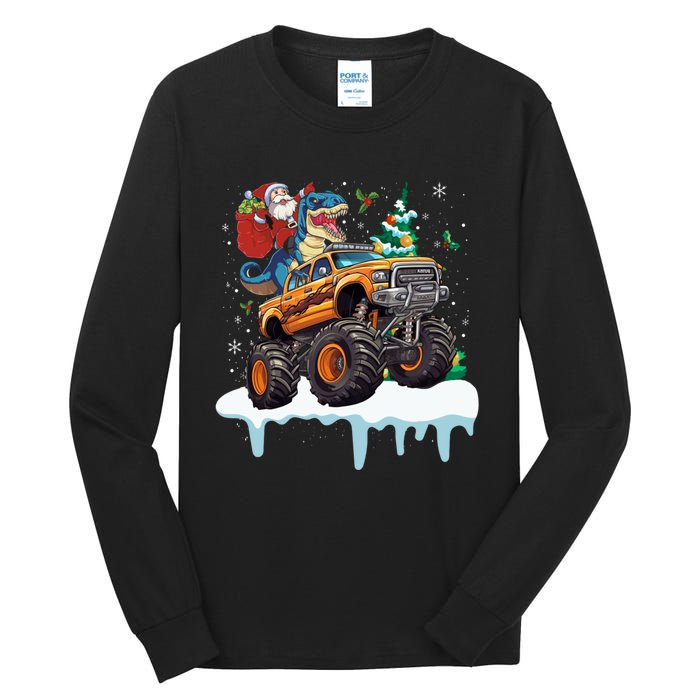 Santa Riding T Rex Dinosaur Monster Truck Christmas Funny Gift Tall Long Sleeve T-Shirt