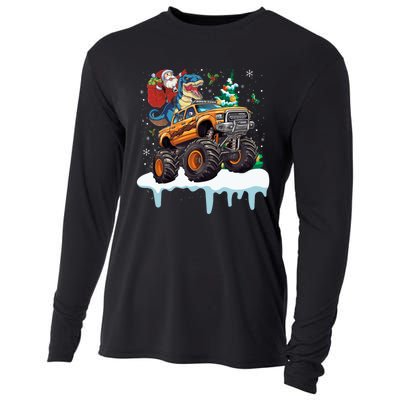 Santa Riding T Rex Dinosaur Monster Truck Christmas Funny Gift Cooling Performance Long Sleeve Crew