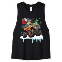 Santa Riding T Rex Dinosaur Monster Truck Christmas Funny Gift Women's Racerback Cropped Tank