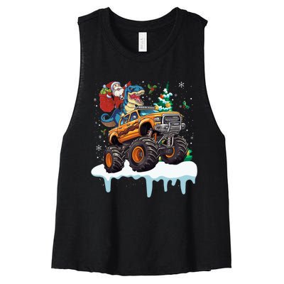 Santa Riding T Rex Dinosaur Monster Truck Christmas Funny Gift Women's Racerback Cropped Tank