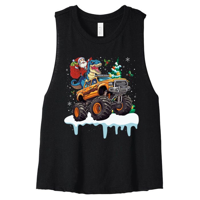 Santa Riding T Rex Dinosaur Monster Truck Christmas Funny Gift Women's Racerback Cropped Tank