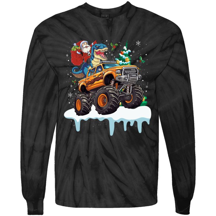 Santa Riding T Rex Dinosaur Monster Truck Christmas Funny Gift Tie-Dye Long Sleeve Shirt